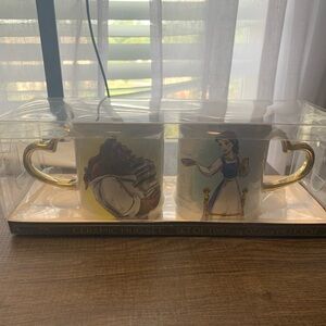 Beauty and the Beast Ceramic Mug Set with Gold Heart Handles NIB